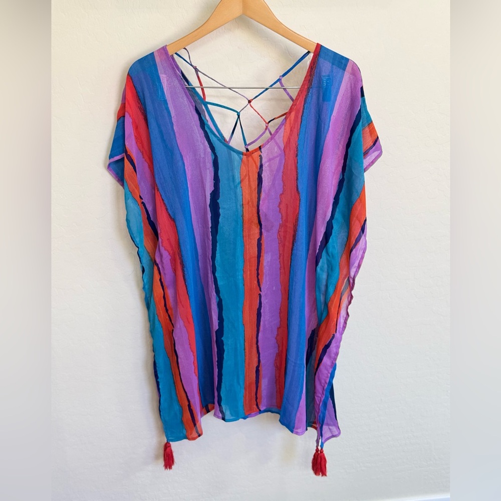 Palisades Beach Club Women’s Striped Swim Coverup - Red, Blue, Purple Like New